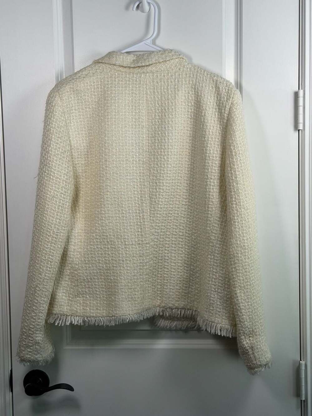 Preston & York Women's Cream Boucle Tweed Fringe Trim Open Front Jacket Size 14 - Picture 2 of 3